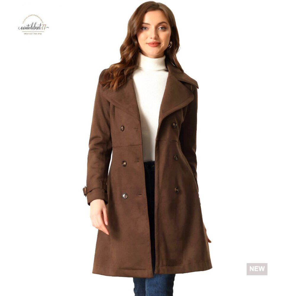 Faux Suede Trench Coat Classic Double Breasted Overcoat Fall Winter Elegant